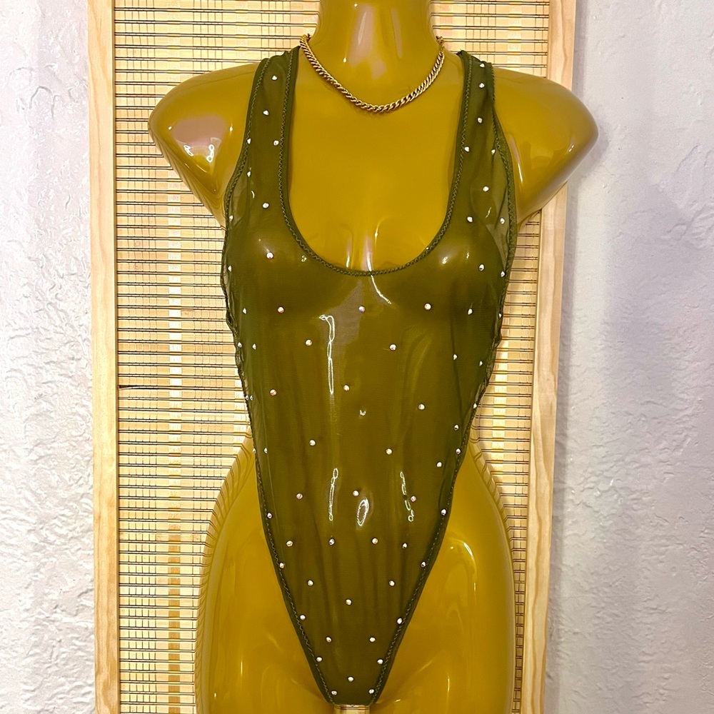CUSTOM LOOK AT HER GO OLIVE GREEN ONE PIECE, LINGERIE/RAVE/DANCEWEAR/TOP